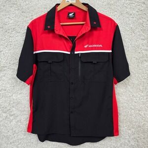 Honda Racing HRC Button Up Shirt Mens XL Red Black Ripstop Pit Crew Short Sleeve